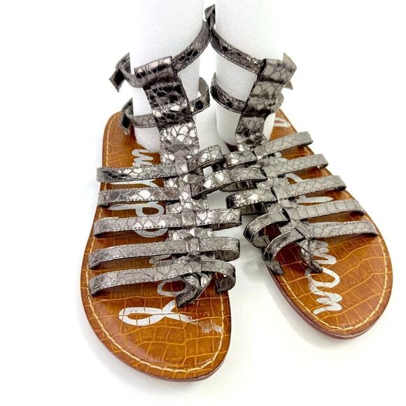 Sam Edelman GILDA Gunmetal Silver Snakeskin Open Toe Buckle Gladiator Sandals - Picture 3 of 10